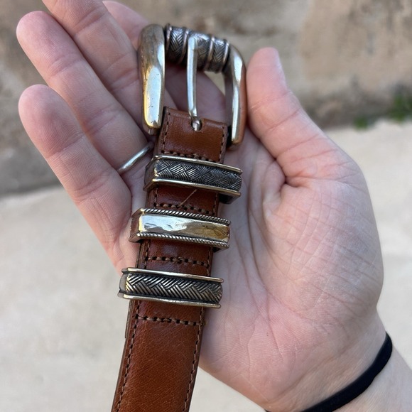 Vintage Brighton Brown Tan Leather Two Tone Silver Buckle Belt Size S Y2K 1995 - Picture 6 of 7